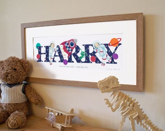 SPACE / ROCKET theme- Children's / kid's / baby's illustrated name art picture, personalised unframed print