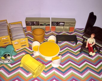 Vintage lot of Fisher Price Dollhouse furniture with Doll