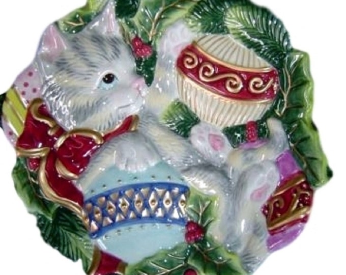 Fitz & Floyd Christmas Plate, Wall Hanging Plate, Cat with Ornaments, Canape or Cookie Plate, Kristmas Kitty
