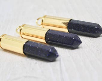 Blue Sandstone Bullet Necklace, Pendulum Necklace, Gift Idea, Birthday Gift, Blue Goldstone Bullet, Long Necklace, Layering Necklace