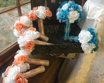 17 Piece Malibu Blue White Peach Silver Wedding Flower Set, Bridal Bouquet, Malibu Blue Bouquet, Peach White Bouquet, Blue Wedding Bouquet