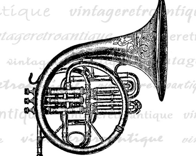 Printable French Horn Graphic Image Brass Instrument Download Music Digital Antique Clip Art Jpg Png Eps HQ 300dpi No.1234