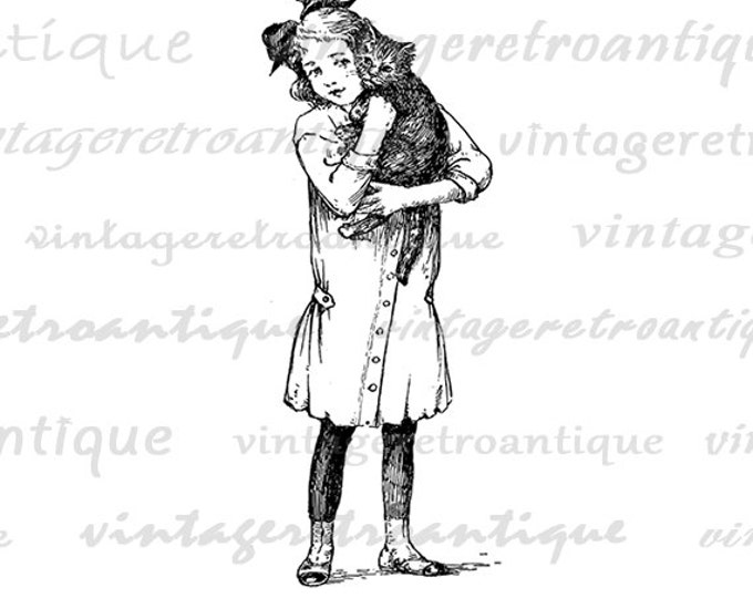 Girl with Kitten Graphic Digital Download Cat Image Antique Printable Vintage Clip Art Jpg Png Eps HQ 300dpi No.300