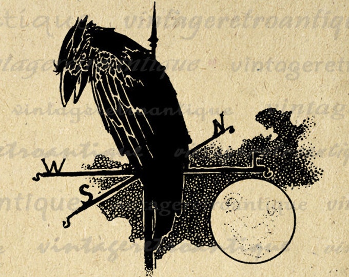 Raven Bird on Weathervain with Moon Digital Printable Download Image Graphic Vintage Clip Art Jpg Png Eps HQ 300dpi No.3565