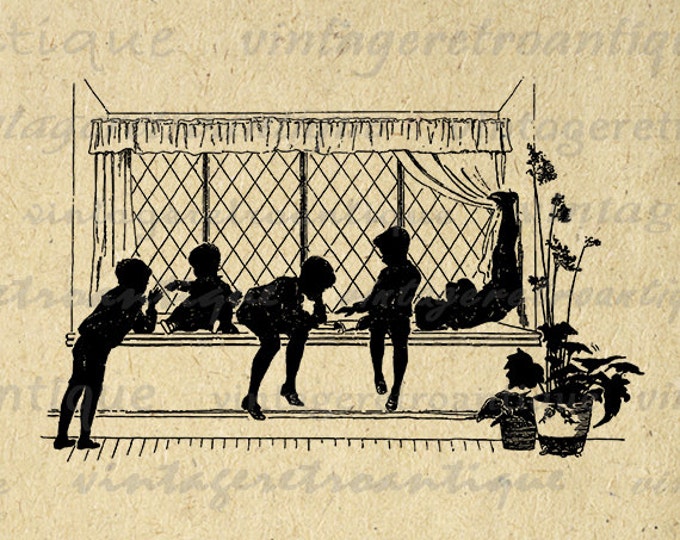 Children By Window Silhouettes Printable Graphic Image Digital Download Vintage Clip Art Jpg Png Eps HQ 300dpi No.2979