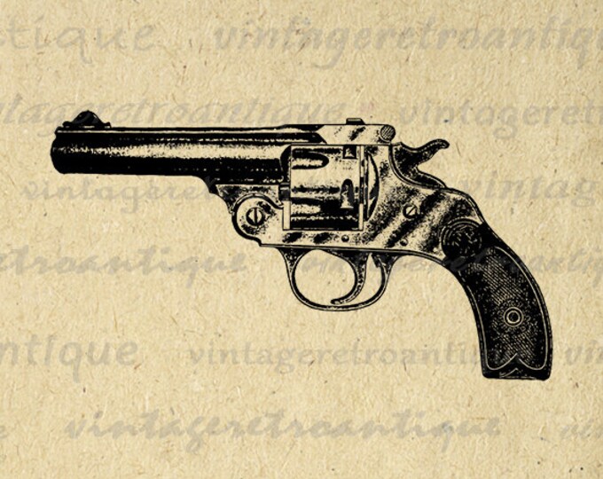 Printable Image Revolver Gun Digital Pistol Illustration Download Graphic Antique Clip Art Jpg Png Eps HQ 300dpi No.1486