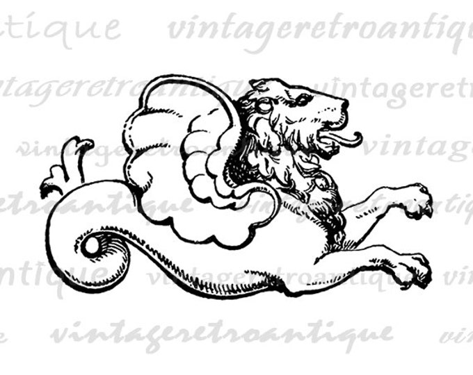 Printable Graphic Lion Dragon Classical Symbol Download Digital Image Vintage Clip Art for Transfers Making Prints etc HQ 300dpi No.2338