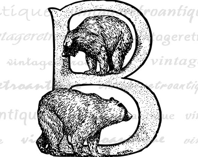 Letter B with Bears Graphic Digital Download Bear Image Letter B Printable Vintage Clip Art for Transfers Printing etc HQ 300dpi No.4706