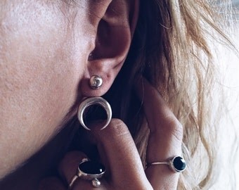 Sterling silver ear jacket,moon earrings,double horn ear jackets,silver 925 moon earrings,silver studs earrings,crescent horn earrings,orb