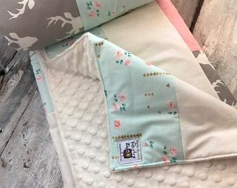 Baby blanket, deers, vintage flowers, gold x on pink, white print. ivory minky