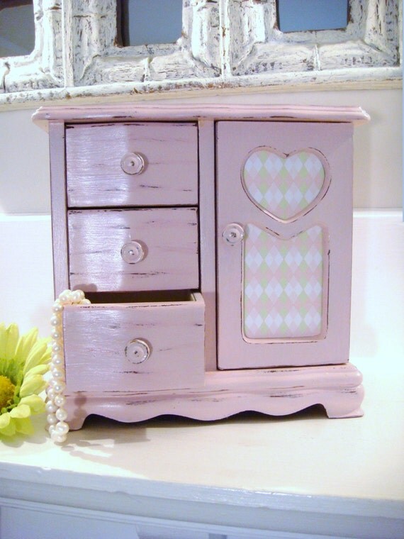 Wood jewelry box shabby chic jewelry box pink jewelry box