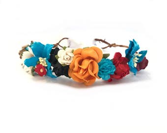 Moana flower crown, red, orange, blue flower crown, flower halo, disney princess moana, flower wreath, birthday flower crown, theme, muana