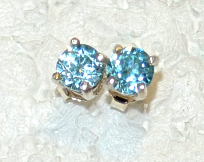 Blue Zircon Earrings. 5mm Round, Natural, Set in Sterling Silver E1026