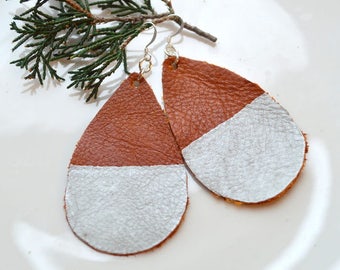 BROWN Leather Teardrop Earrings- Leather Earrings- Big Leather Earrings- Nickel Free Silver