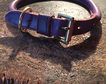 Purple rolled leather pink stitching dog collar size 13"-16"
