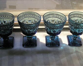 Vintage Wine/Cocktail Glasses|Set of 4|Indiana Glass Company|Parklane Pattern|Blue Glasses|Wine Glasses|Cocktail Glasses|Made in USA