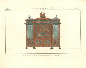 Original Antique Hand Colored Engraving,Furniture from Collection de Meubles et Objets de Goût by Pierre de La Mésangère (1761-1831)