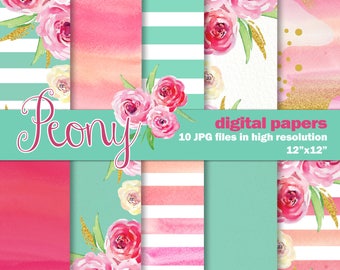 Watercolor Digital Papers. Mint Pink and Gold. 10 Peony Inspired Digital Watercolor papers. Hand Painted Stripes