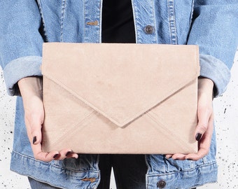 Clutch bag envelope beige vegan bag faux synthetic suede imitation purse handbag strap pocket zipped wedding bridesmaid bridal evening gift