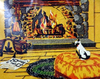 Golden Bee Stitchery- Fireplace-crewel embroidery kit-mid century wall decor-siamese cat by the hearth