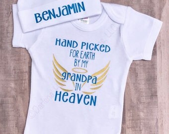 Hand picked for Earth by my Grandpa in Heaven Infant Baby Bodysuit with optional Leg warmers and bow (Customizable)