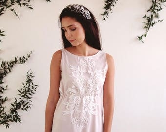 AMALIE - bohemian wedding dress with exquisite embroidered lace, lined in blush pink with spaghetti strap detail