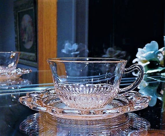 Pink Depression Glass 1930s Cup and Saucer Set Old Colony Lace Edge Vintage Kitchen Decor Cottage Home Wedding Table Decoration House