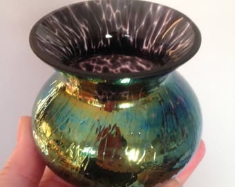 Gorgeous vintage iridescent lustre carnival glass dish with three legs perfect condition