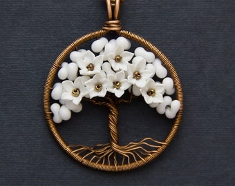 Wedding Necklace Tree-Of-Life Pendant Copper Wire Wrapped Necklace White Necklace Wired Copper Jewelry Wedding Jewelry Rustic Necklace