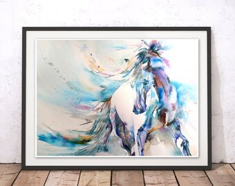 Horse Print, Horse Wall Art, Stallion Painting, Horse Painting, Horse Watercolour Wall Hanging, Blue Horse by Liz Chaderton