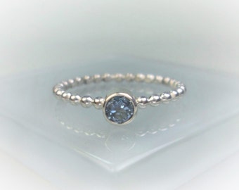 Silver or Gold Beaded Birthstone Ring, Choice of 12 Birthstones & Black CZ, 4mm Gemstone Stacking Ring, Blue Topaz Ring, All Sizes Available