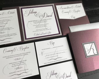 Merlot & Glitter Silver Custom Pocket Wedding Invitation Suite; includes an RSVP postcard, Reception and Accommodations insert cards