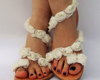 Luxurious Sandals, Bridal Sandals, Wedding Flat Sandals, Handmade Greek Leather Sandal, Romantic sandals, Bright Sandals BEACH