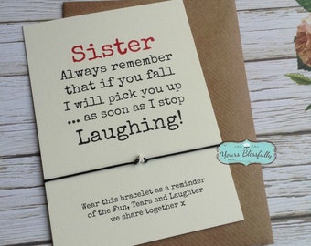 SALE Sister Sterling Silver Friendship Bracelet, Sister Silver, Sister Wish Bracelet, Sister Birthday, Funny Sister Gift, Funny Sister Card