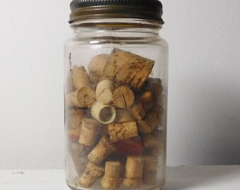 Assorted Vintage Antique Replacement Corks Different Sizes Small to Large in a Vintage 1923 Glass Jar Metal Top for Pigs Feet