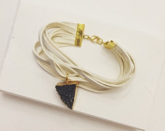 White Deerskin Lace Bracelet with Black Druzy Stone