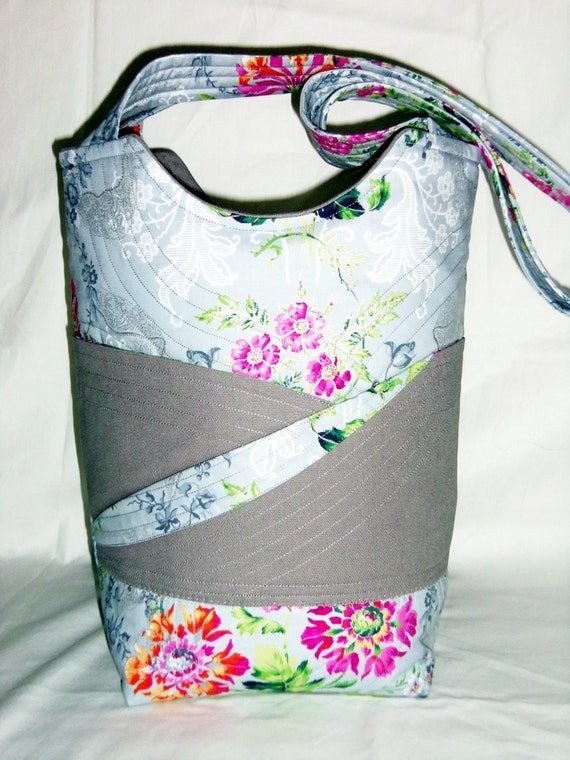Floral Tote Bag Quilted Knitting Bag Grey and Pink Tote