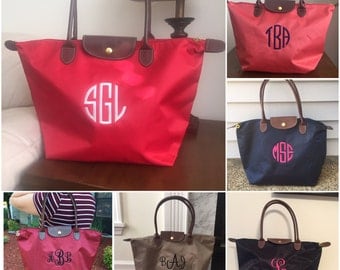 Navy Blue Monogram Tote Bag - Nylon - Monogram Tote Bag - Faux Leather Handles