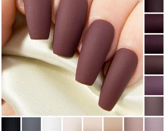 Matte Coffin Fake Nails - Nude Press On Nails - Burgundy False Nails - Neutral Coloured Acrylic Nails - Long Black Artificial Nail Set
