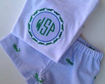 Boy's Alligator Monogrammed Shirt, Seersucker Shorts, or Shorts Outfit