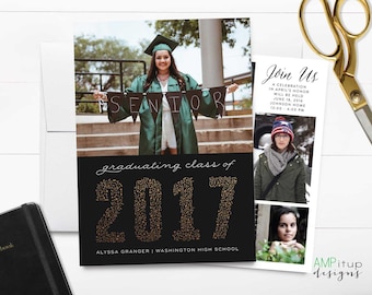 Confetti Class of 2017 - Graduation Announcement - Faux Gold Foil - High School Graduation - College Graduation - Black and Gold - Graduate