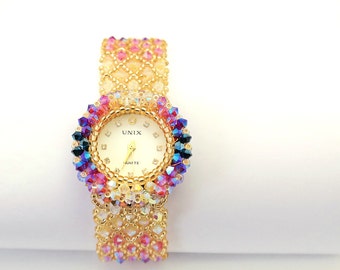 montre Femme Watches for women, women beaded luxury unique crystal swarovski bracelet ladies womens beadwork watch, Korean Jewelry