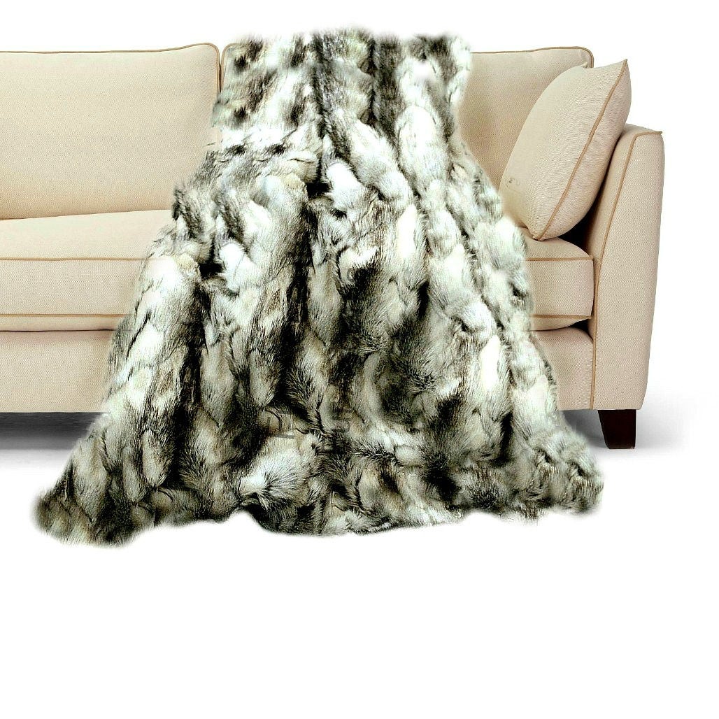 Luxurious Faux Fur Throw Blanket White Black & Gray