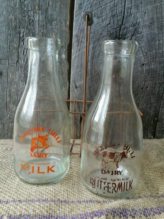 Items similar to Vintage Hickory Hills Dairy Bottles with Metal Carrier