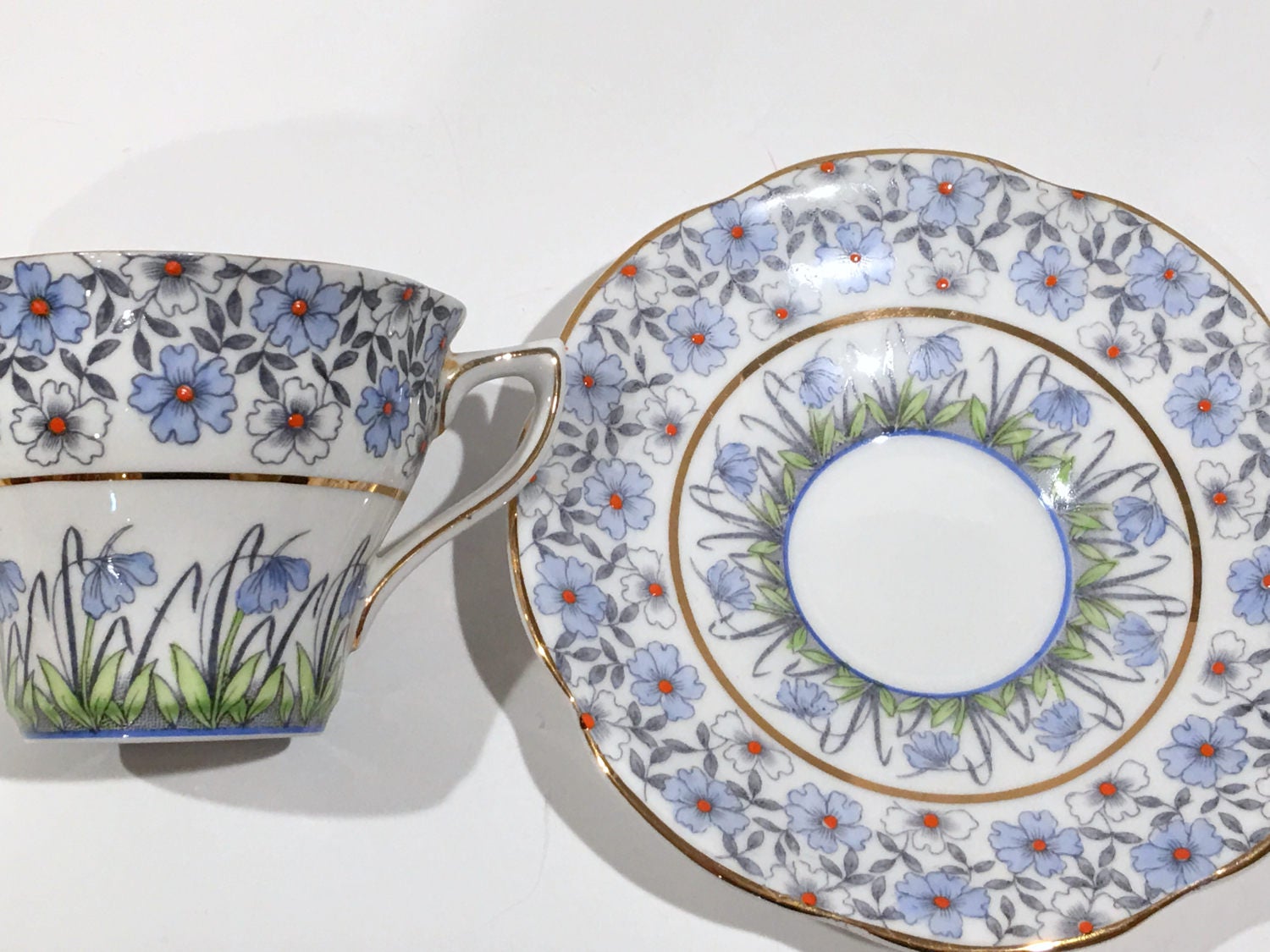 Blue Chintz Rosina Tea Cup and Saucer, Pattern 4967, English Bone China