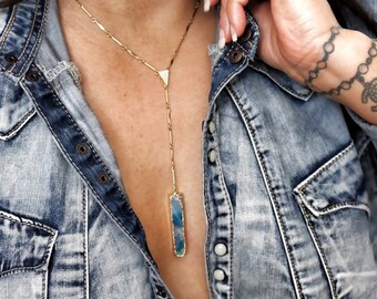 Pavé CZ Diamond | Agate | Lariat Y Necklace | Gold