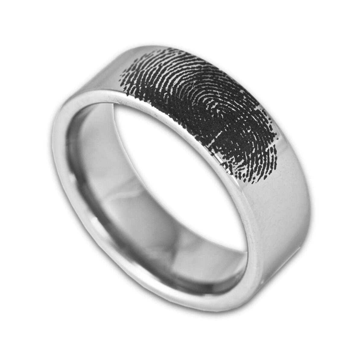Custom Engraved Fingerprint Wedding Band Mens 8MM Tungsten