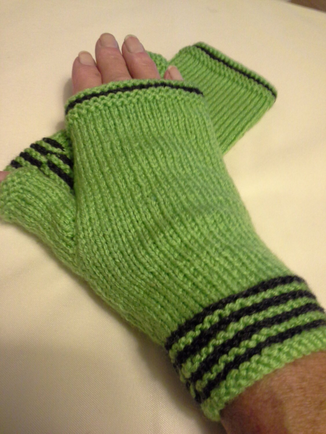 SALE ITEM. Fingerless gloves. Bright light green with black