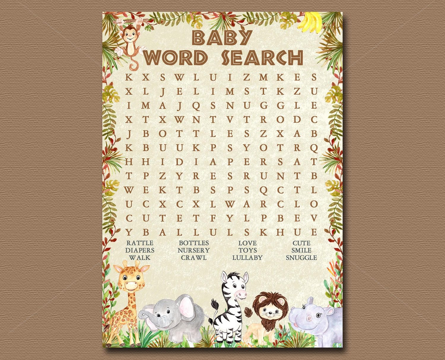 jungle animals baby shower game word search game printable