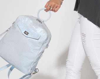 NEW! Iridescent Blue Leather Backpack, Soft Blue Silver Leather Shoulder Bag, Metallic Blue Leather Crossbody, Designer Bag, Small Backpack